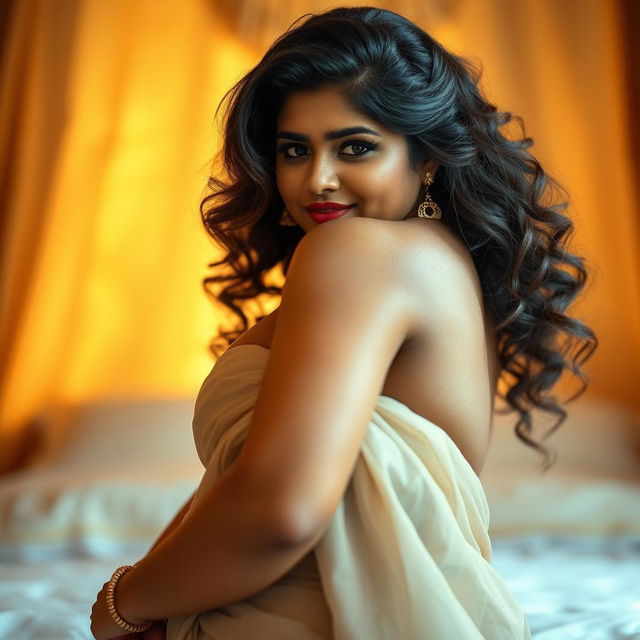 A voluptuous Tamil woman with curvy features, confidently posing in a sensuous yet artistic way