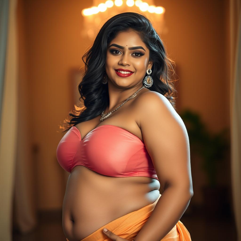 A voluptuous Tamil woman with curvy features, confidently posing in a sensuous yet artistic way