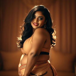 A voluptuous Tamil woman with curvy features, confidently posing in a sensuous yet artistic way