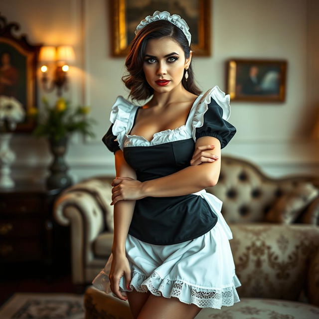 A seductive scene featuring a sultry maid in a classic black and white outfit, complete with a frilly apron and stockings