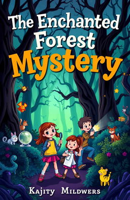 A vibrant and engaging children's book cover for a mystery story, featuring a group of adventurous kids exploring a spooky, enchanted forest filled with mysterious shadows and playful animals