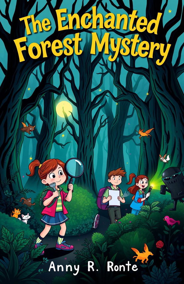 A vibrant and engaging children's book cover for a mystery story, featuring a group of adventurous kids exploring a spooky, enchanted forest filled with mysterious shadows and playful animals
