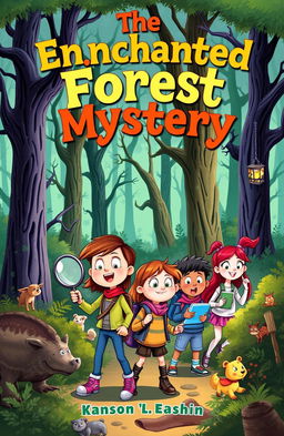 A vibrant and engaging children's book cover for a mystery story, featuring a group of adventurous kids exploring a spooky, enchanted forest filled with mysterious shadows and playful animals