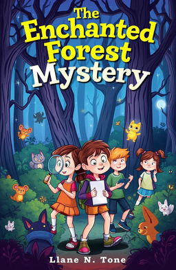 A vibrant and engaging children's book cover for a mystery story, featuring a group of adventurous kids exploring a spooky, enchanted forest filled with mysterious shadows and playful animals