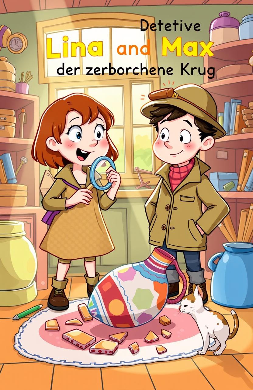 A whimsical illustration for a children's mystery book titled 'Detektive Lina und Max und der zerborchene Krug'