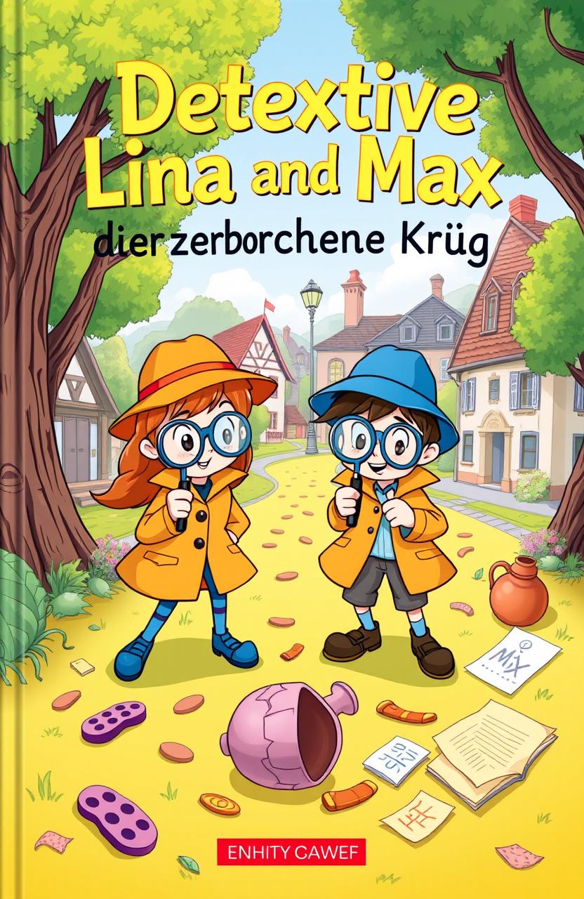A vibrant and whimsical illustrated cover for a children's mystery book titled 'Detektive Lina und Max und der zerborchene Krug'
