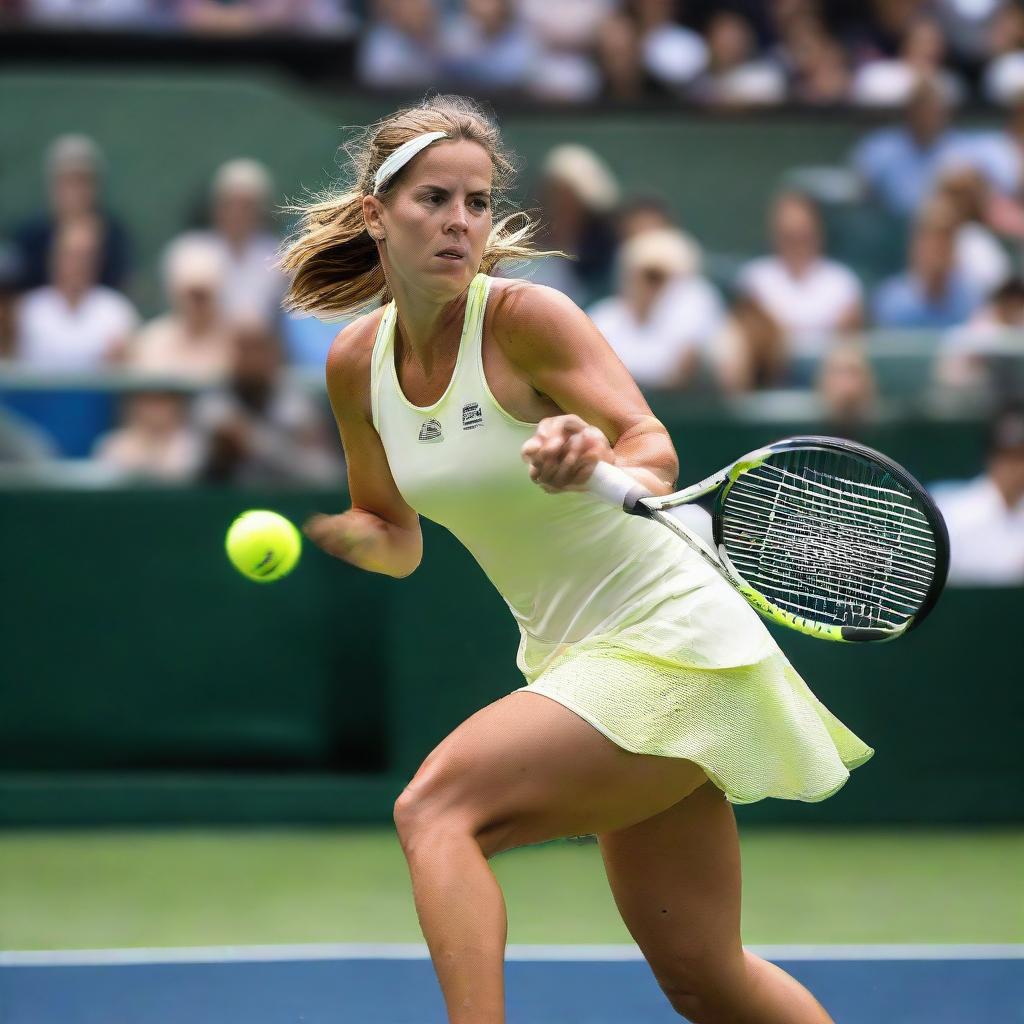 Eloise van Velthooven, a professional tennis player, engaged in a vigorous tennis match. She's energetically lunging for a forehand with the backdrop of a packed stadium.