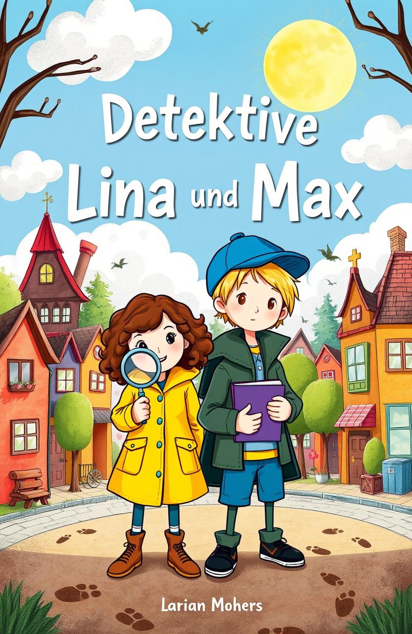 A captivating children's book cover illustration for a mystery story titled 'Detektive Lina und Max'