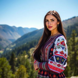 A beautiful Georgian woman with striking features, including long dark hair and bright hazel eyes, wearing a traditional Georgian dress that beautifully accentuates her figure