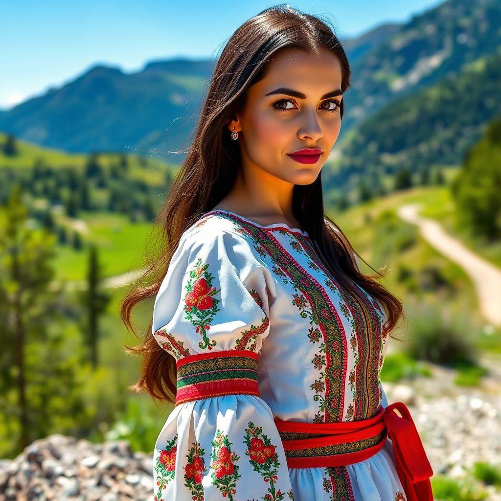 A beautiful Georgian woman with striking features, including long dark hair and bright hazel eyes, wearing a traditional Georgian dress that beautifully accentuates her figure