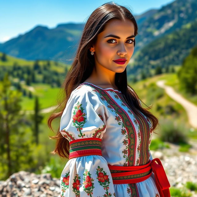 A beautiful Georgian woman with striking features, including long dark hair and bright hazel eyes, wearing a traditional Georgian dress that beautifully accentuates her figure