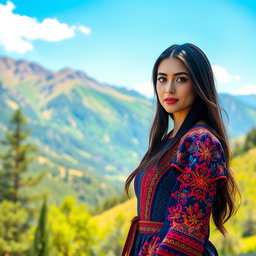 A beautiful Georgian woman with striking features, including long dark hair and bright hazel eyes, wearing a traditional Georgian dress that beautifully accentuates her figure