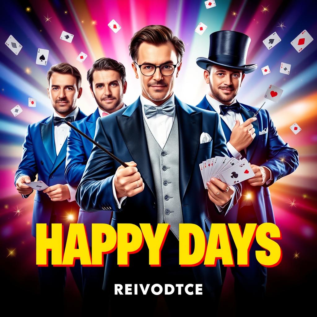 A vibrant, modern movie poster for a reboot of 'Happy Days', featuring a charismatic magician in the center dressed in a stylish smoking suit, confidently holding a magic wand