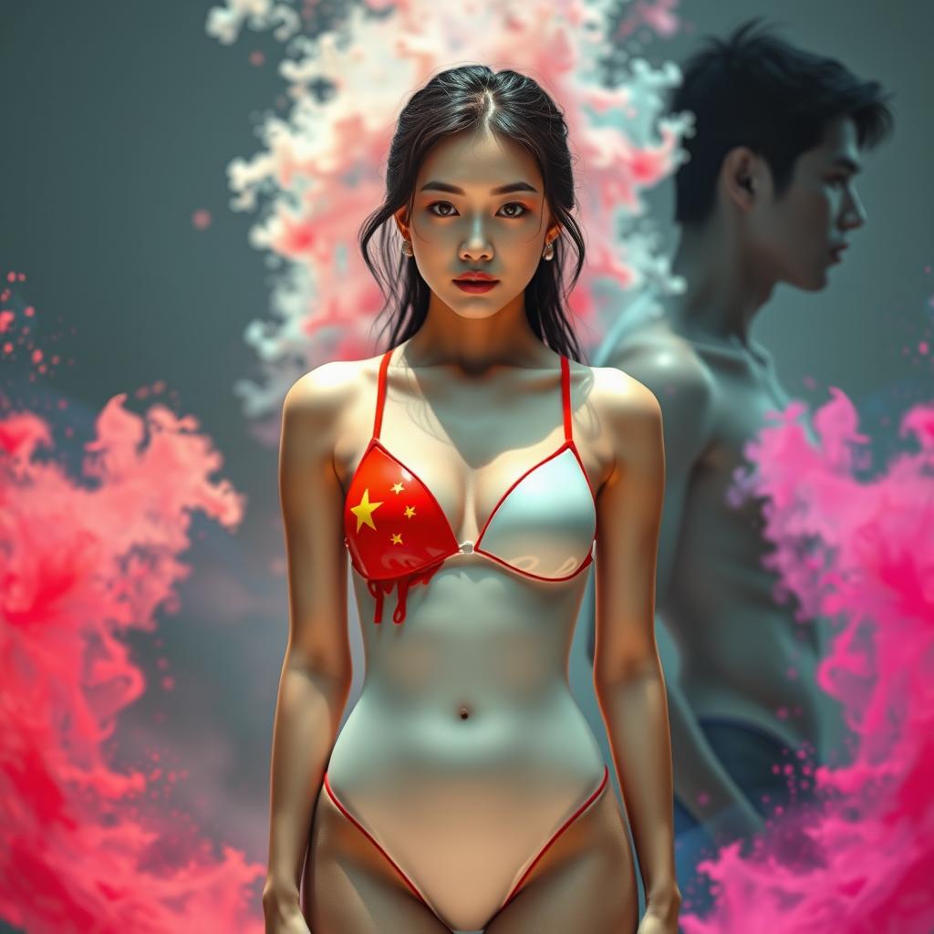 A captivating scene featuring a Chinese girl wearing a sleek latex bikini adorned with the colors and emblem of the Chinese flag
