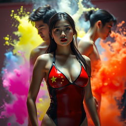 A captivating scene featuring a Chinese girl wearing a sleek latex bikini adorned with the colors and emblem of the Chinese flag