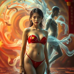 An enchanting scene featuring a beautiful Chinese girl in a shiny latex bikini adorned with the colors and emblem of the Chinese flag