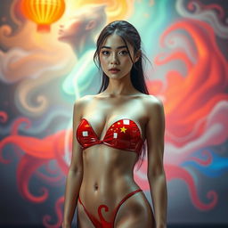An enchanting scene featuring a beautiful Chinese girl in a shiny latex bikini adorned with the colors and emblem of the Chinese flag