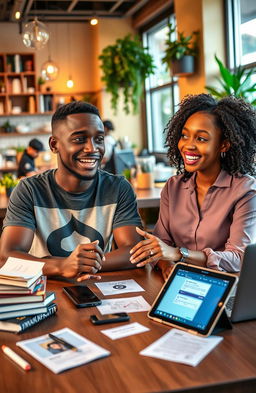 A vibrant and engaging scene featuring two young adults, Ade and Abena, who are curious and excited