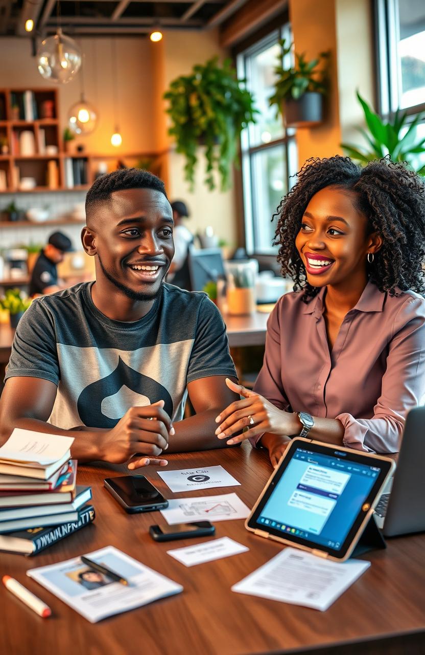 A vibrant and engaging scene featuring two young adults, Ade and Abena, who are curious and excited