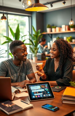 A vibrant and engaging scene featuring two young adults, Ade and Abena, who are curious and excited