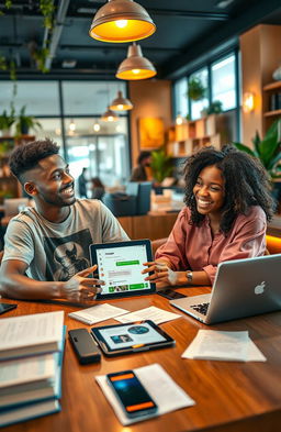 A vibrant and engaging scene featuring two young adults, Ade and Abena, who are curious and excited