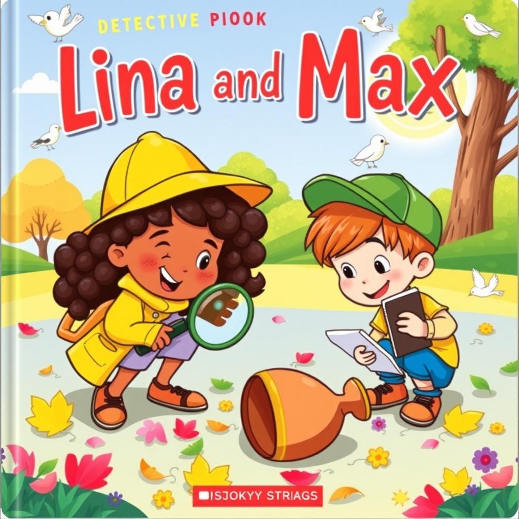 A whimsical children's book cover featuring two young detectives named Lina and Max, surrounded by playful elements related to mystery