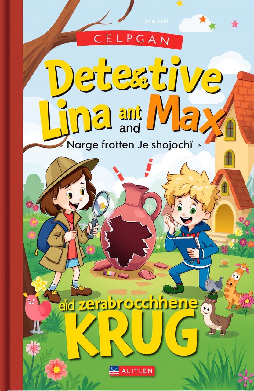 A colorful and engaging book cover for a children's detective story titled 'Detektive Lina und Max und der zerbrochene Krug'