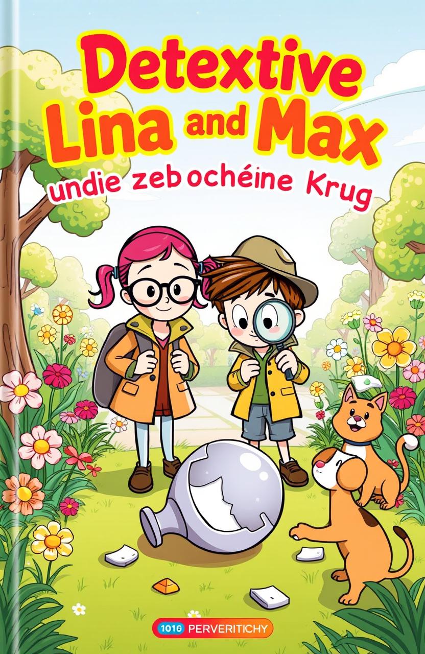 A colorful, whimsical illustration for a children's book cover titled 'Detektive Lina und Max und der zerbrochene Krug'