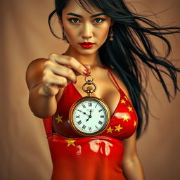 An alluring scene featuring a Chinese girl in a glossy latex bikini that proudly displays the colors and stars of the Chinese flag