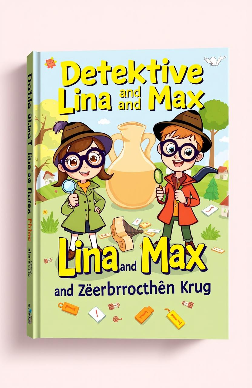 A colorful and engaging book cover design for a children's story titled 'Detektive Lina und Max und der Zerbrochene Krug'