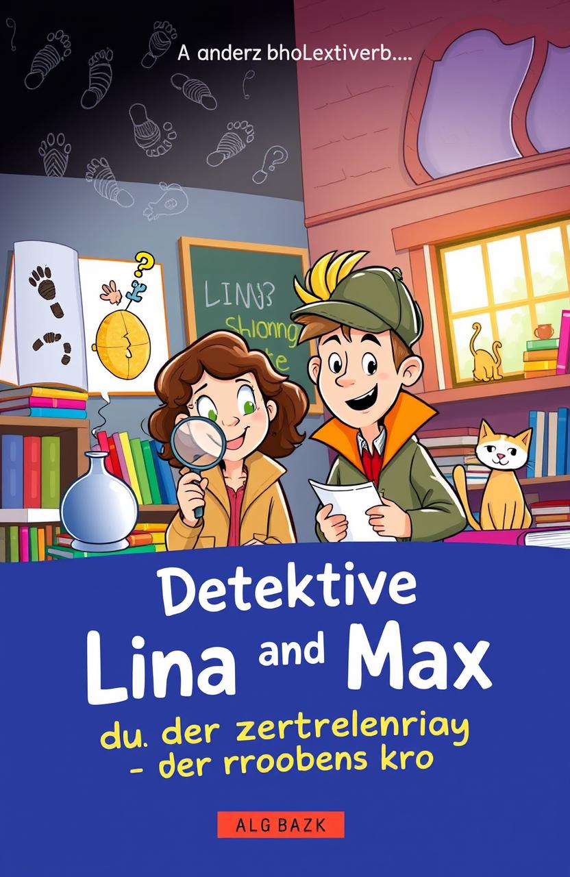 A colorful and vibrant cover for a children's detective book titled 'Detektive Lina und Max und der zerbrochene Krug'