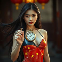 A captivating scene featuring a Chinese girl in a vibrant latex bikini that showcases the bold colors and stars of the Chinese flag