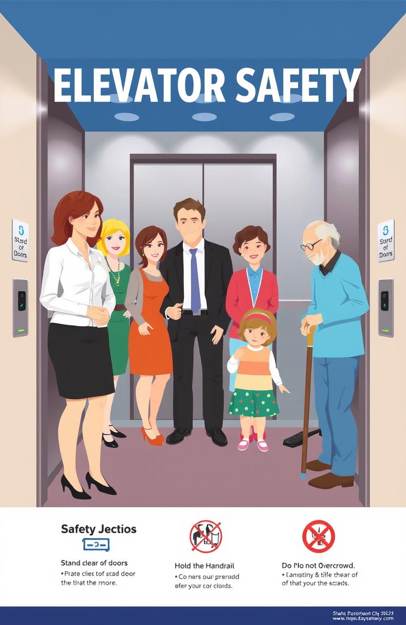 A visually engaging and informative elevator safety poster, featuring a diverse group of people including a woman in professional attire, a man in casual clothing, an older person with a cane, and a child, all waiting inside an elevator
