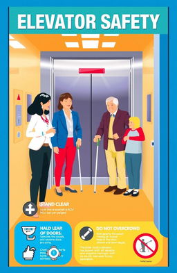 A visually engaging and informative elevator safety poster, featuring a diverse group of people including a woman in professional attire, a man in casual clothing, an older person with a cane, and a child, all waiting inside an elevator
