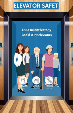 A visually engaging and informative elevator safety poster, featuring a diverse group of people including a woman in professional attire, a man in casual clothing, an older person with a cane, and a child, all waiting inside an elevator