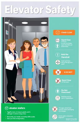 A visually engaging and informative elevator safety poster, featuring a diverse group of people including a woman in professional attire, a man in casual clothing, an older person with a cane, and a child, all waiting inside an elevator