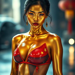 A mesmerizing scene featuring a Chinese girl in a striking latex bikini that showcases the colors and patterns of the Chinese flag