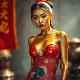 A mesmerizing scene featuring a Chinese girl in a striking latex bikini that showcases the colors and patterns of the Chinese flag