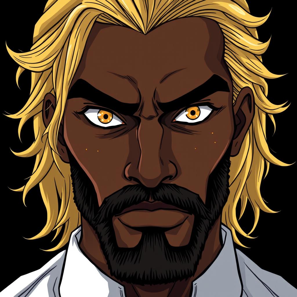 Close-up portrait of a strong anime African man with long, wavy blonde hair and piercing golden eyes, adorned with a short black beard