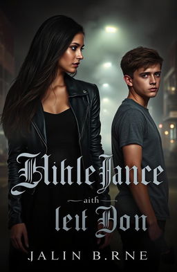 A dark romance cover featuring a young woman with an intense and mysterious expression, standing in the shadows while gazing longingly at a handsome young man who is unaware of her presence