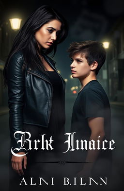 A dark romance cover featuring a young woman with an intense and mysterious expression, standing in the shadows while gazing longingly at a handsome young man who is unaware of her presence