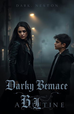 A dark romance cover featuring a young woman with an intense and mysterious expression, standing in the shadows while gazing longingly at a handsome young man who is unaware of her presence