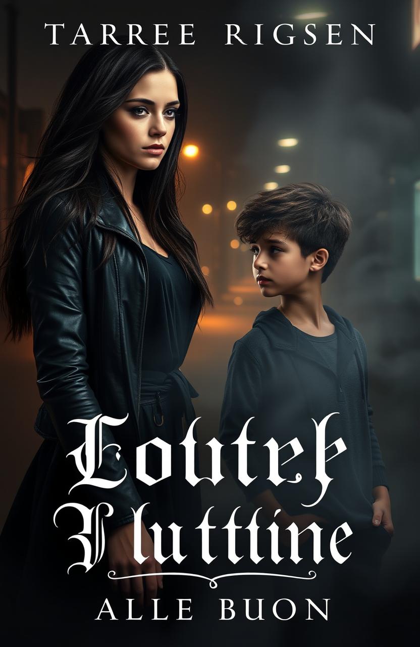 A dark romance cover featuring a young woman with an intense and mysterious expression, standing in the shadows while gazing longingly at a handsome young man who is unaware of her presence