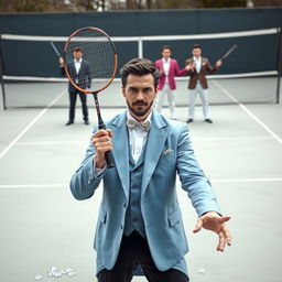 A realistic scene set on a light-colored tennis court with a net in the background