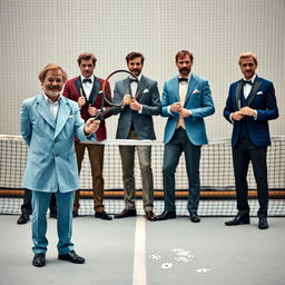 A realistic scene set on a light-colored tennis court with a net in the background