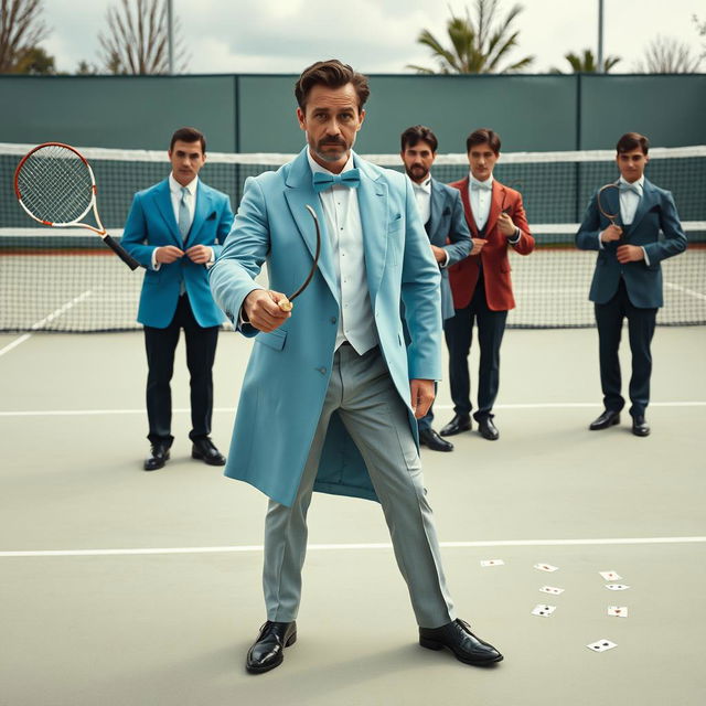 A realistic scene set on a light-colored tennis court with a net in the background