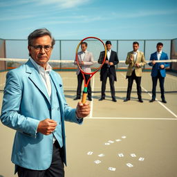 A realistic scene set on a light-colored tennis court with a net in the background