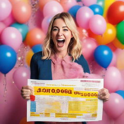 Eloise van Velthooven, cheerful and thrilled, holding a giant oversized lottery ticket declaring her the winner, surrounded by balloons and confetti.