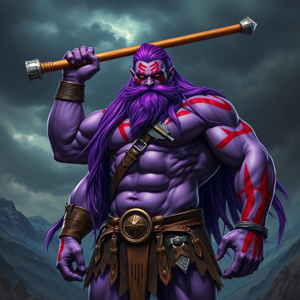 A tall, muscular Goliath man with striking purple skin and long purple hair flowing down his back