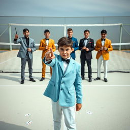 A realistic scene set on a light-colored tennis court with a net in the background